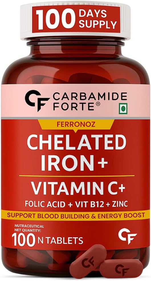 Chelated Iron Supplement for Women and Men | Folic Acid Tablets for Pregnancy | Hemoglobin Booster | 100 Veg Tablets for Hair Growth with Iron Bisglycinate
