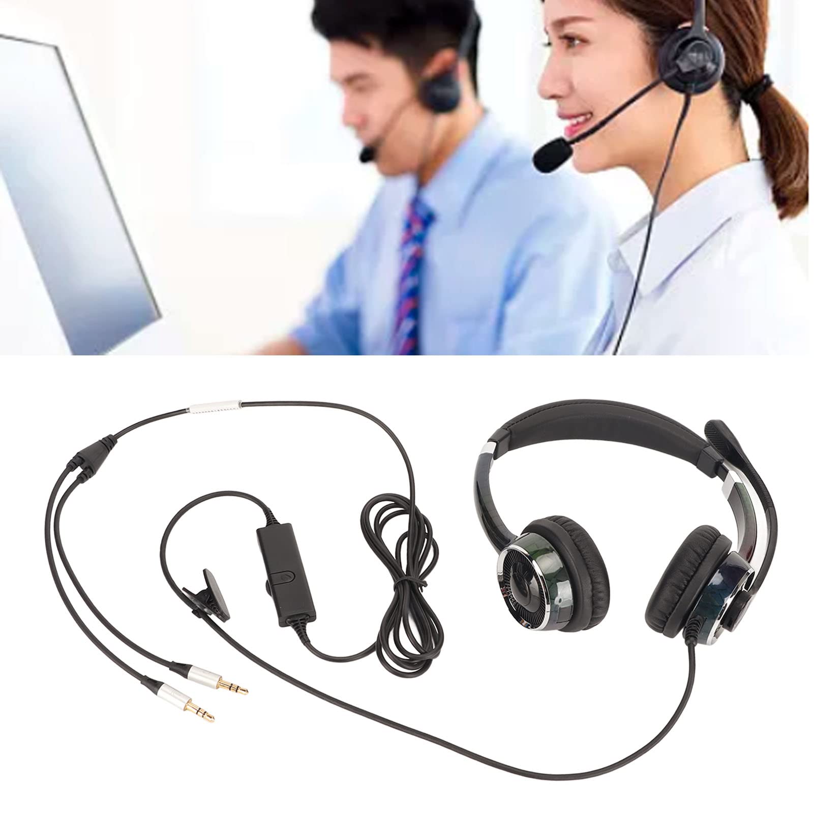 Qcwwy Zestaw słuchawkowy do telefonu, regulowany, obuuszny, przewodowy, ergonomiczny zestaw słuchawkowy do biura z mikrofonem do telemarketingu (podwójny interfejs 3,5 mm)