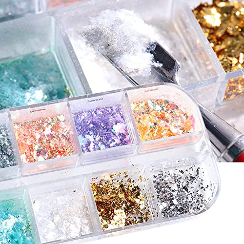 12 Color Nail Sequins Art Glitter Sparkling 3D Irregular Foil Flake Laser Decals Diy Polarizing Powder Dream Opal Powder Ultra Thin Sheet Ice Crystal Decoration Holographic Nail #TOP5