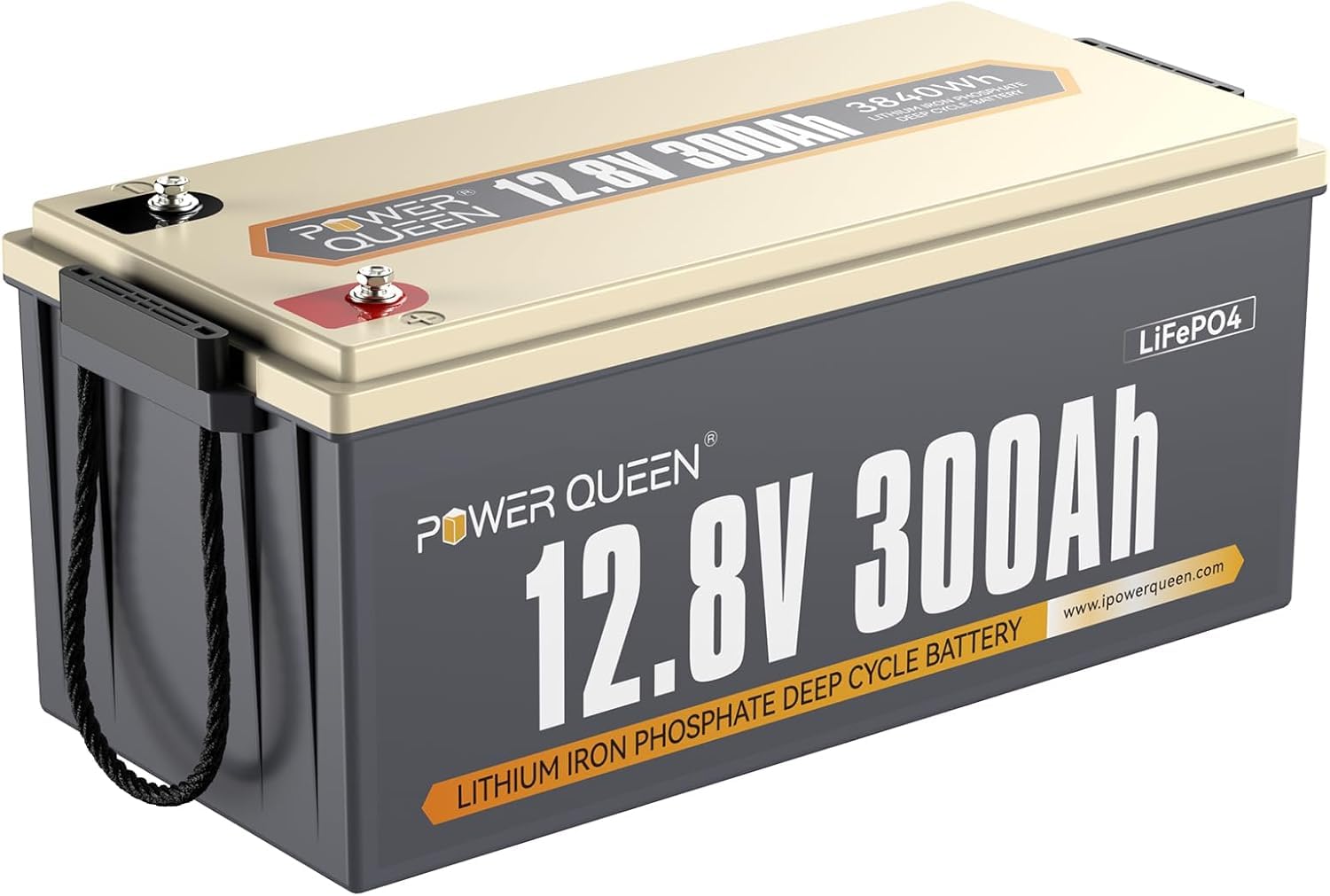 Power Queen 12V 300Ah Batería LiFePO4,Litio para Energía Solar | BMS de 200A Integrada,4000+ Ciclos Profundos,3840Wh de Energía,IP65,Max.4P4S para Motor de Curricán,Fuera de La Red