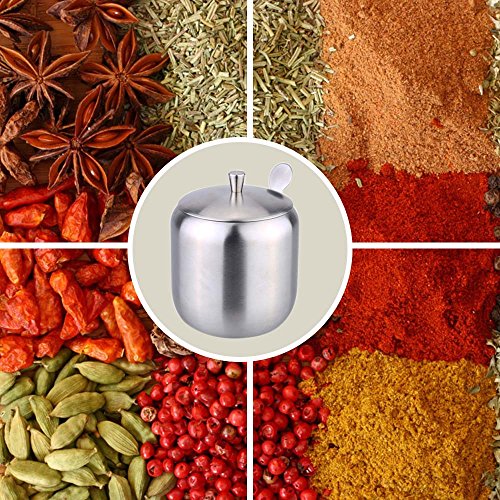 Ainoli - Bote de acero inoxidable con forma de tambor para condimentos, recipiente para latas de café y azúcar con cuchara, herramienta de cocina