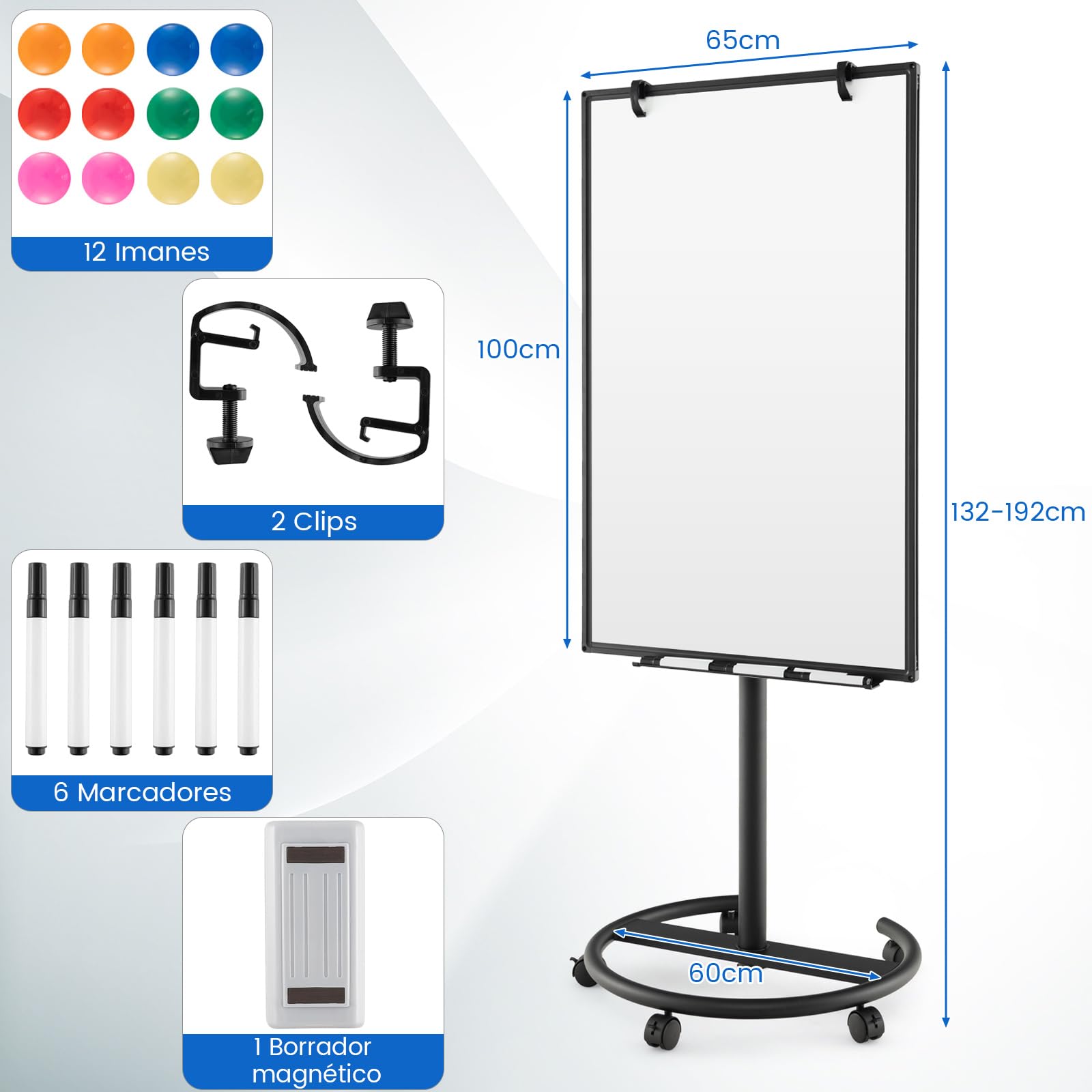 COSTWAY Pizarra Móvil 100x65 cm, Pizarra Blanca Magnética Ajustable Altura y Ruedas, Pizarra Blanca con Clips de Papel y Bandeja, Bloc de Notas de 25 Hojas, Imanes, Marcadores y Borrador (negro)