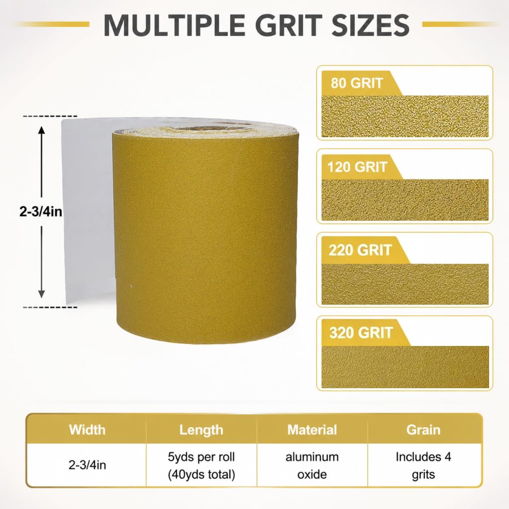 Total 20 Yards Long 2-3/4" Wide PSA Sanding Paper Roll Kit - 80 120 220 320 Grit Longboard Sandpaper, Self Adhesive Stickyback Sandpaper for Automotive, Woodworking, Hand Sanding Blocks