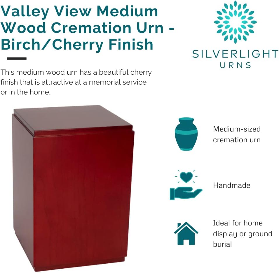 Valley View Medium Wood Urn - Birch/Cherry Finish, Wooden Urn for Ashes, Medium Sized Cremation Urn