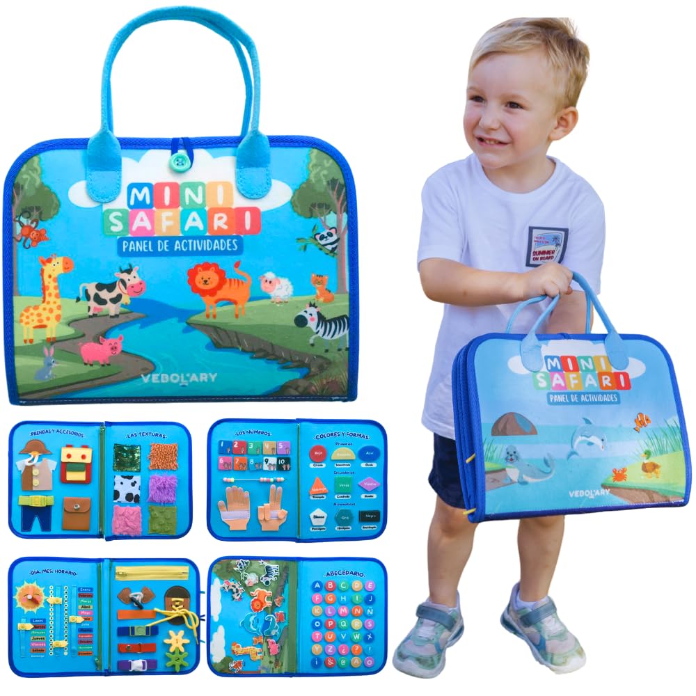 Busy Board Montessori in Spanish – Montessori Toys 3 4 and 5 Years, Sensory Educational Toy Fine Motor and Learning, Portable Felt Montessori Book, Gift Girl