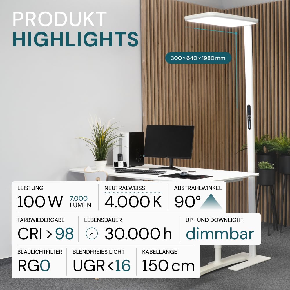 LUXULA LED Büro Stehleuchte, dimmbar, CRI>98 Vollspektrum, UGR<16 blendfrei, RG0 Blaulichtfilter, 4000K Neutralweiß, 2x 50W Uplight und Downlight, 7000lm, weiß - Arbeitsplatz Stehlampe Deckenfluter