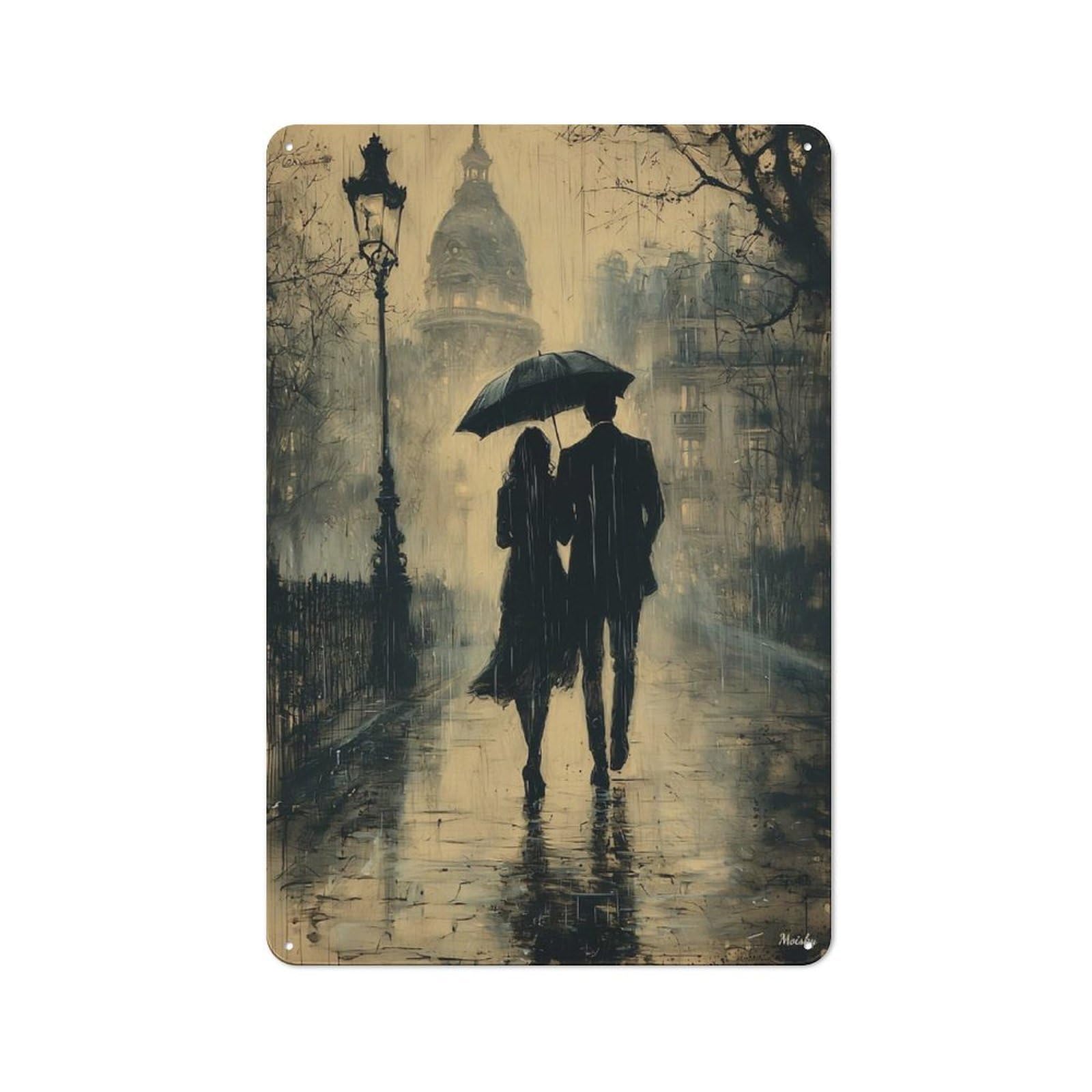 Junmoney Romantic Rainy Walk - Charcoal Style Printed Metal Sign 30X20cm For Café Or Home Bar, Housewarming Wall Decor For People Furnishing Café And Home Bar