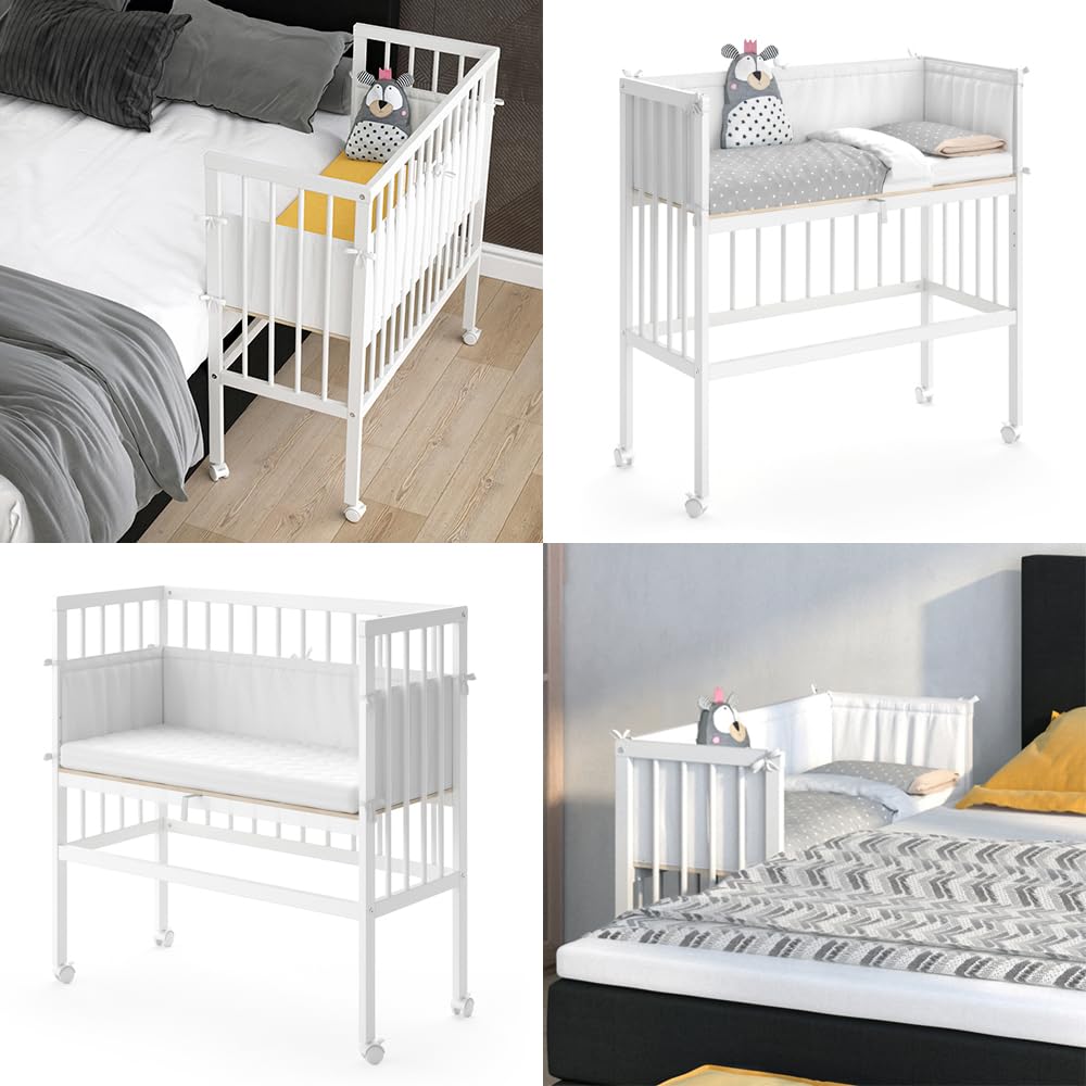 VitaliSpa Lettino da attaccare al letto Sophie, Bianco, 94 x 42.5 cm 1 binario laterale, regolabile in altezza con ruote per un facile posizionamento