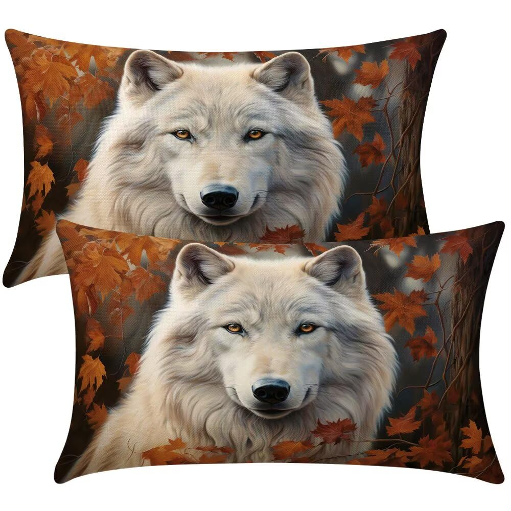 Animals Cushion Covers 50x80 cm Set of 2 Decorative Pillows Autumn Wolf Throw Pillow Case Rectangle Cushion Cover Couch Cushions Covers for Living Room Bedroom with Invisible Zipper 20x32 Inch -SC382
