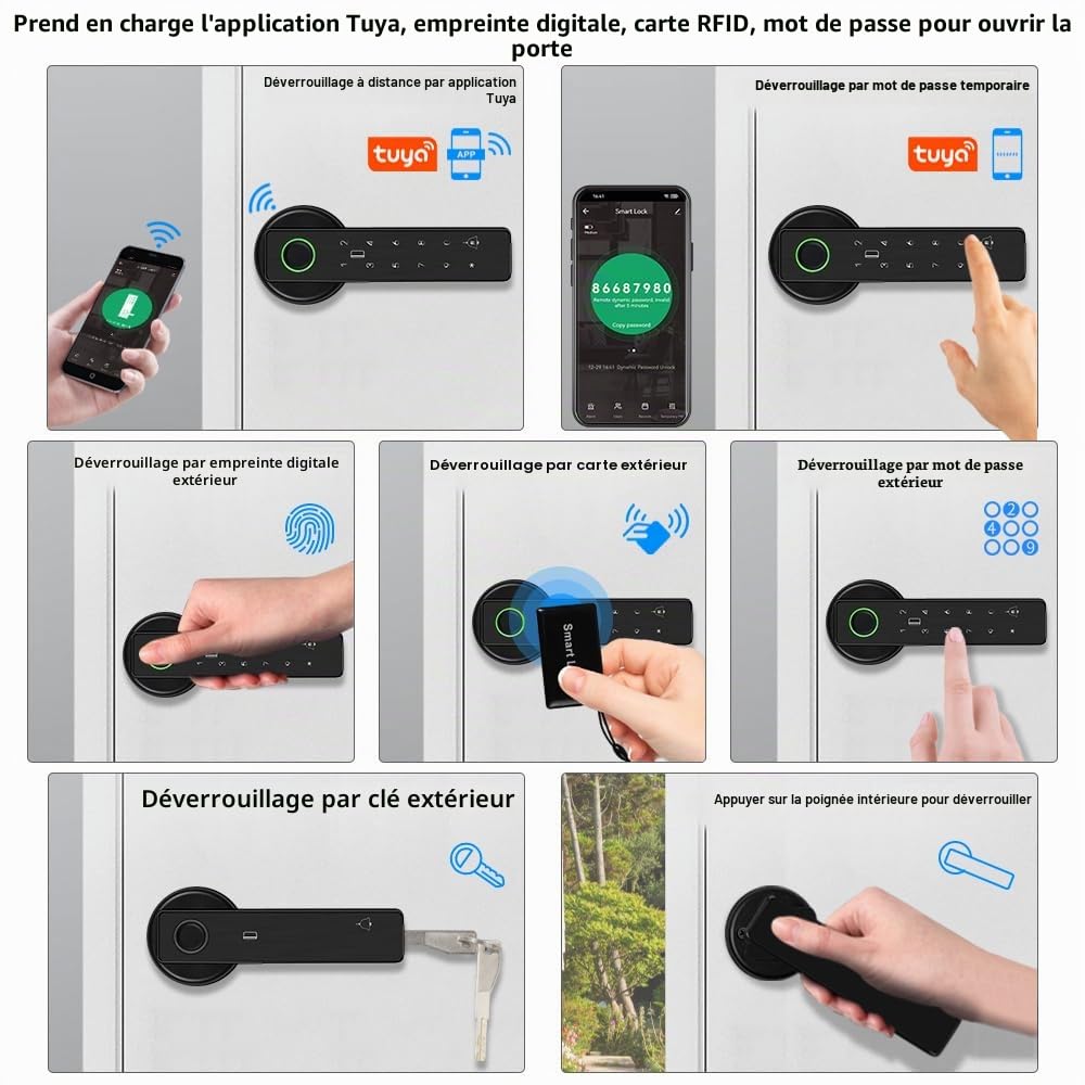 Smart Door 5-en-1 Serrure de Porte Poignée de Porte Électronique Clavier Mot de Passe WiFi TUYA Serrure Intelligente Empreinte Digitale Biométrique RFID IC Carte Tactile Porte d’Entrée