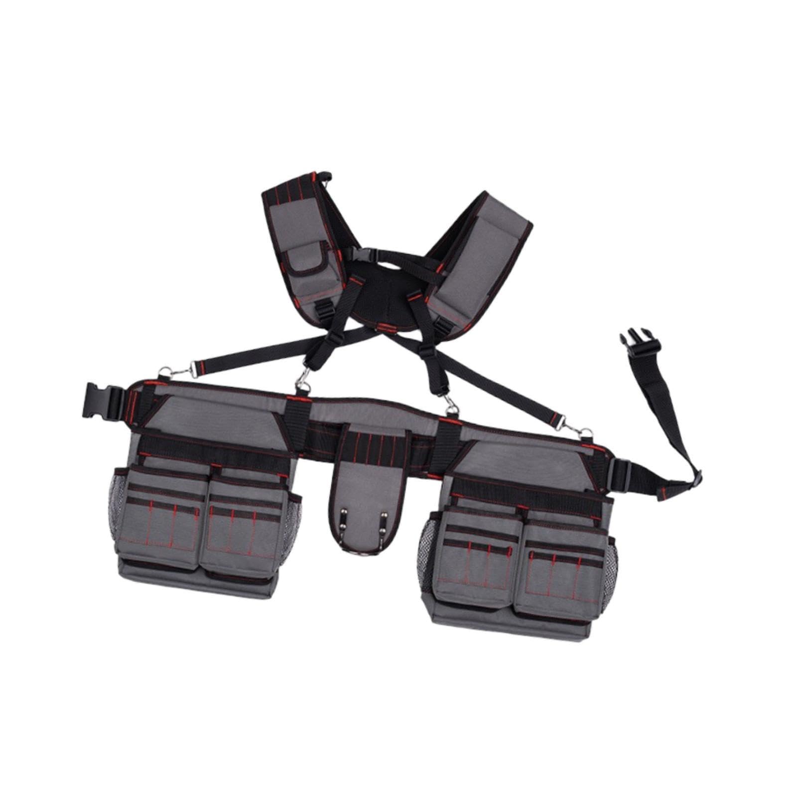 Ceinture Porte-outils avec Bretelles, Sacoche de Ceinture, Pochette Utilitaire Professionnelle étanche pour Les Travailleurs de La Construction, Gris Rouge