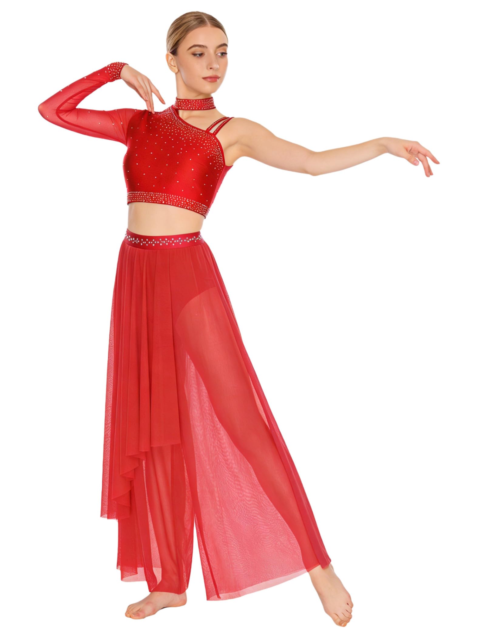 Traje Lírico Dos Piezas Mujer Atuendo Baile Ballet Top Recortado Con Encaje Hombro Asimétrico Y Pantalón Rojo M