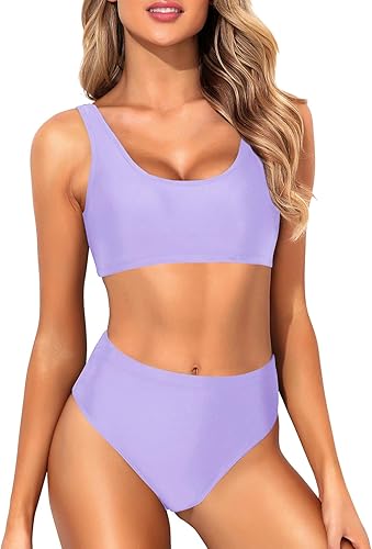 Miniatura 5 de Tempt Me Traje de baño deportivo de dos piezas para mujer, bikini de cuello redondo y tiro alto, top corto, traje de baño de cintura alta