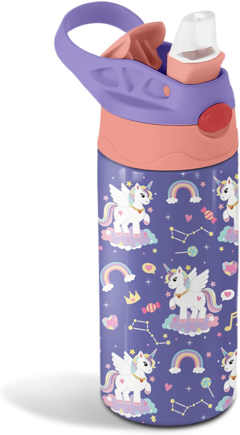 12oz Girl Water Bottle with Straw Lid & Handle – Unicorn Leak Proof Water Bottles Kids, Double-Wall Stainless Steel Pop-top Lid Purple Kids Insulated Bottles for School, Gift Cup for Kid