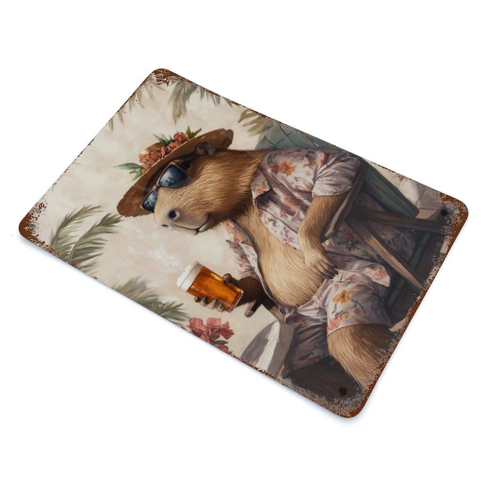 Capybara in Sunglasses Aged Metal Wall Plaque 11.8"x7.9", Old School Wall Decor for Garage, Pub Or Kitchen