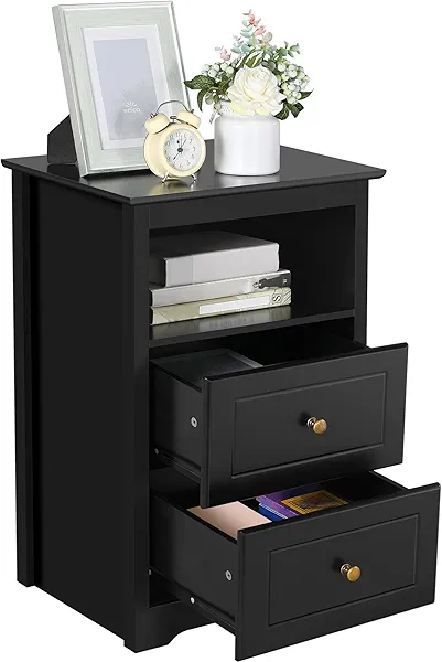 Yaheetech Tall Nightstand with 2 Drawer and 1 Cubby, 29" High Bedside Table Wooden Storage Cabinet Bed Side Table with Drawer for Bedroom Home Office, Black