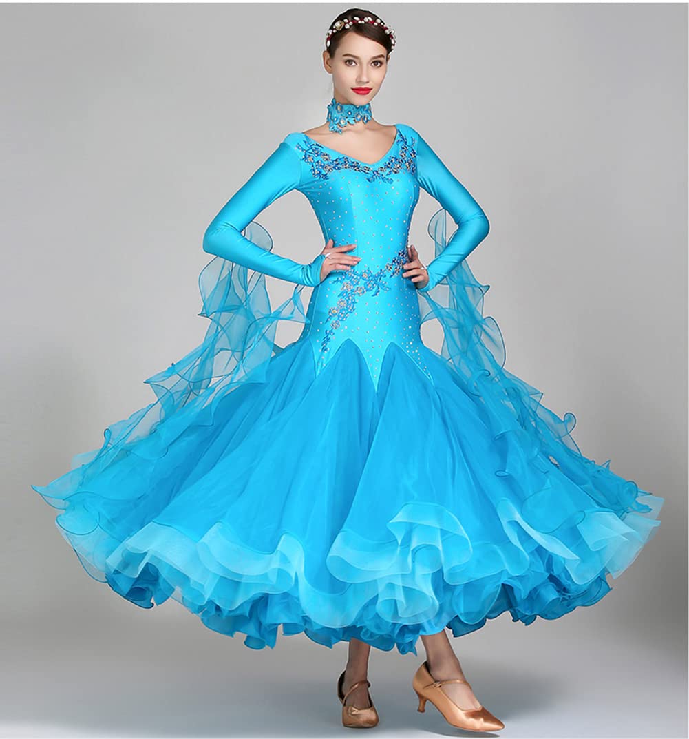 Robes Danse Salon pour Femmes,Robe compétition Valse Foxtrot brodée au Diamant exquise, Robe de Danse de Danse Moderne à Manches Longues