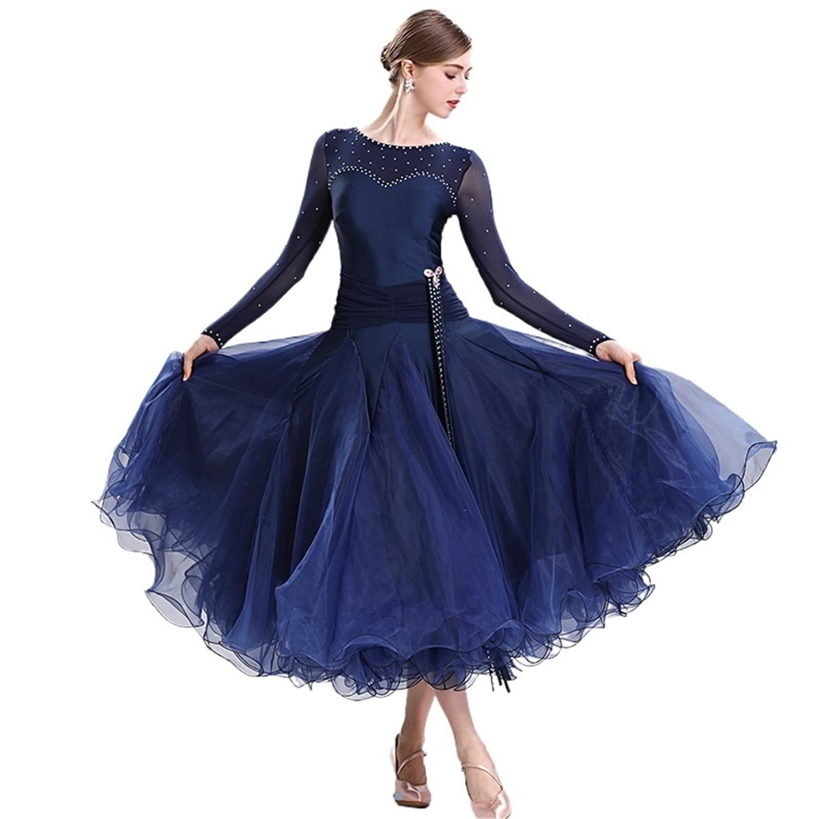 Ballroom Dance Dresses for Women Elegant Ballroom Dance Dress National Standard Modern Competition Costume Big Swing Women Waltz Dacing Clothes Stage Wear(Blue1,XXL)
