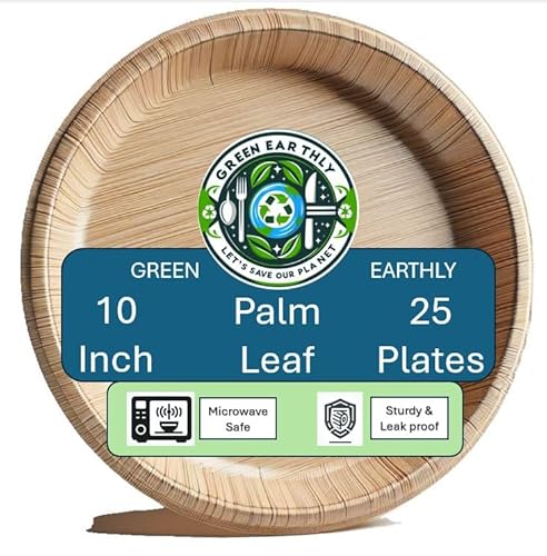 GREEN EARTHLY Large 10" Palm Leaf Disposable Dinner Plates (25-Count) - 100% Natural & Compostable Eco-Friendly Plates for Lunch and Dinner or Catering