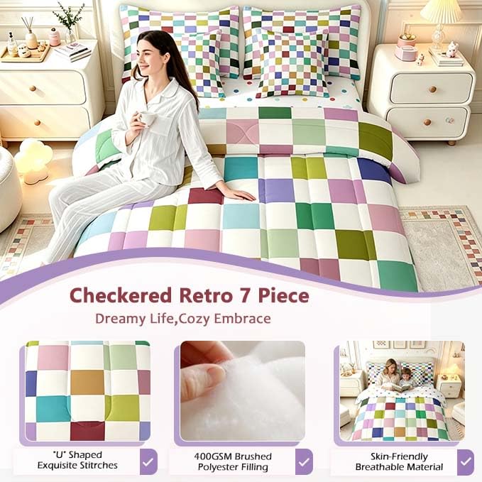 Image of Feelyou Colorful Checkered 7 Piece Bedding Set Teen Retro Modern Geometric Colorful Comforter Set with Sheets King Size Kids Boys Cute Neutral Plaid Bed in a Bag Vintage Aesthetic Room Decor