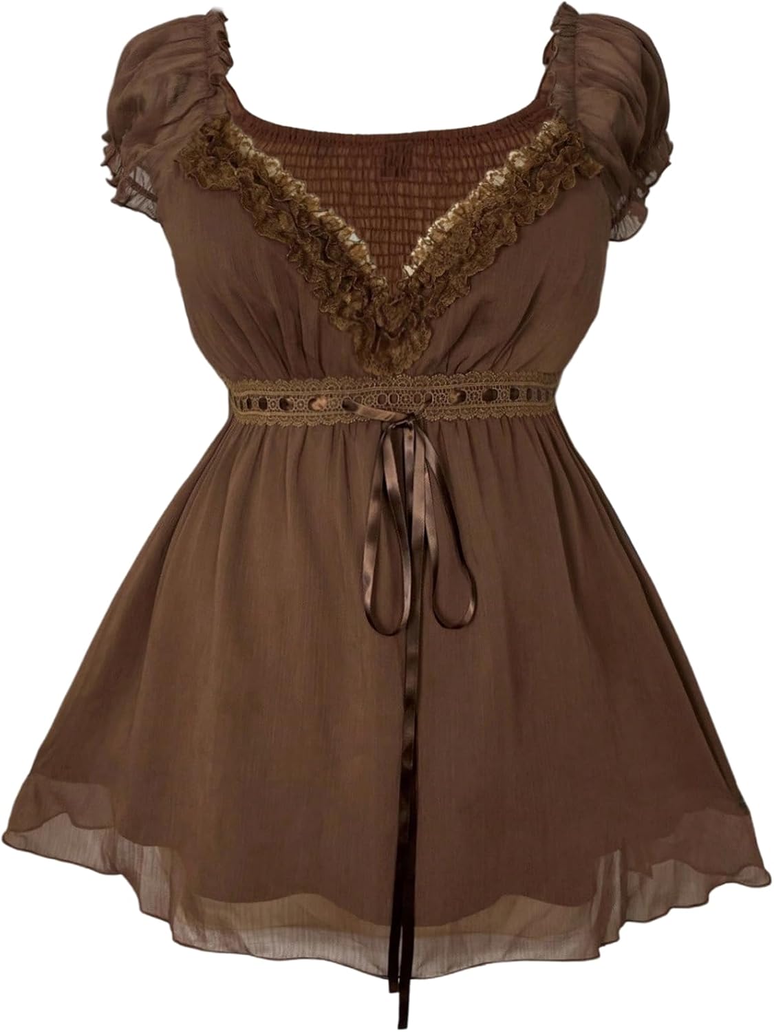 Verdusa Women's Plus Size Y2K Gothic Sheer Lace Blouse Puff Short Sleeve Shirred Ruffle Peplum Tops