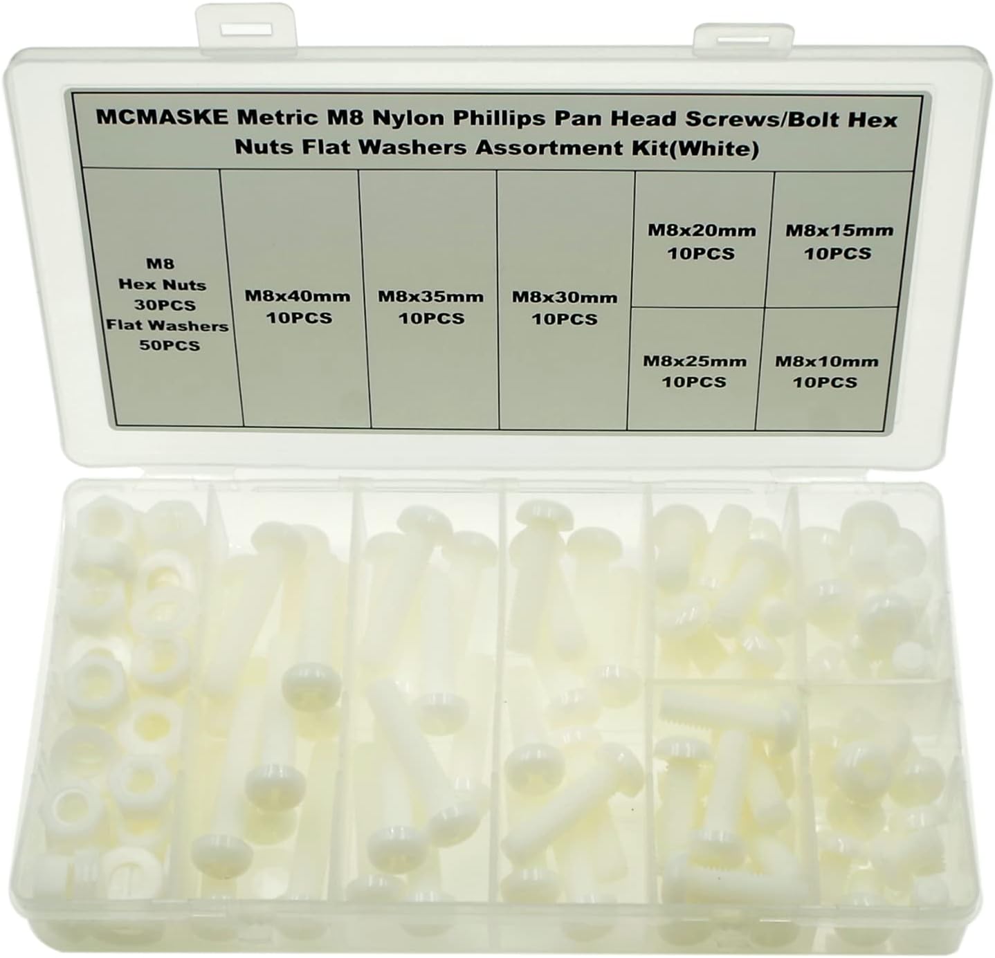 MCMASKE Metric M8 Phillips Pan Head Nylon Screws Nuts Flat Washers Assortment Kit, Screws Length:10mm to40mm(White)