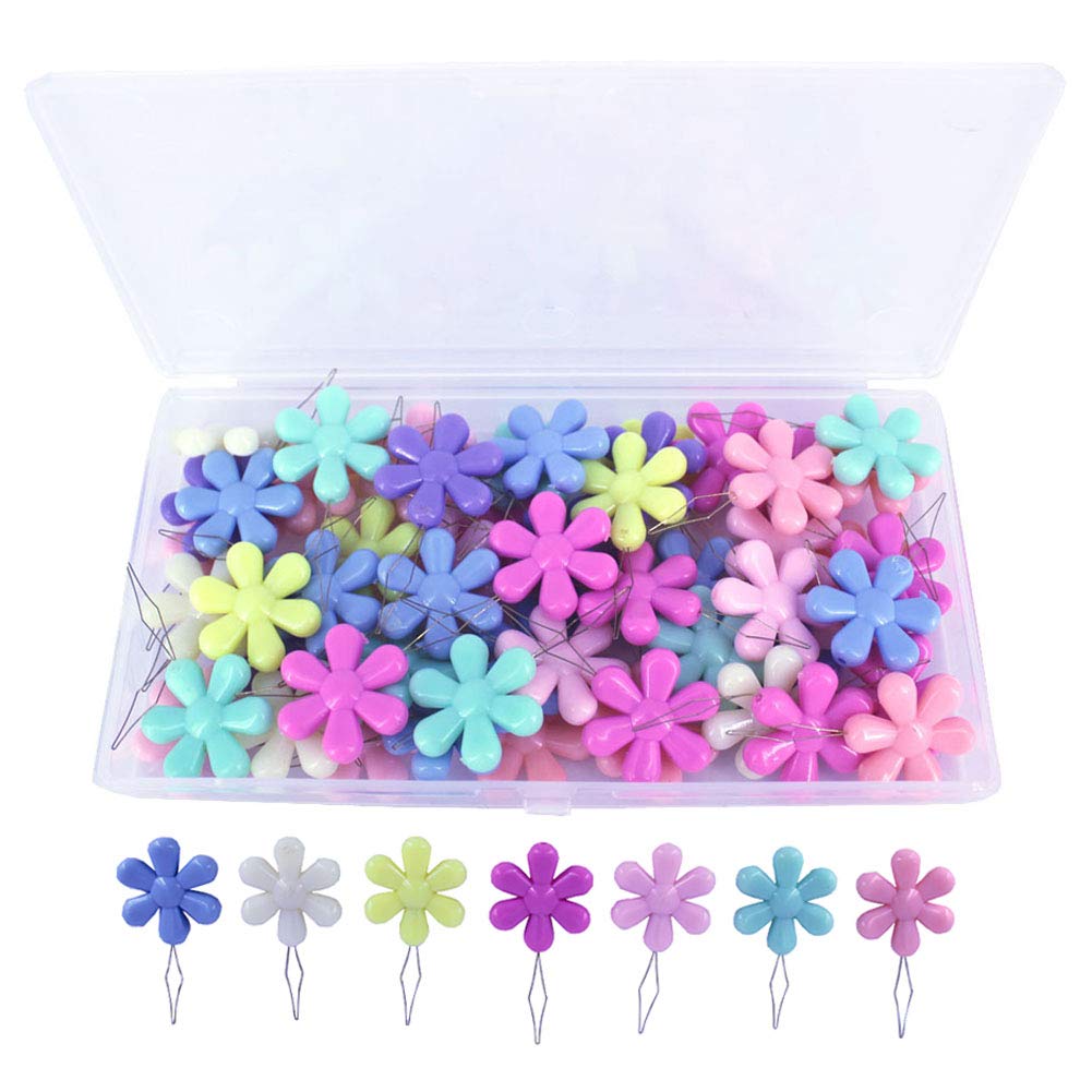 BESTCYC 50pcs Assorted Colors Plastic Flower Head Wire Loop Needle Threader Hand Machine Sewing Tool with Clear Box