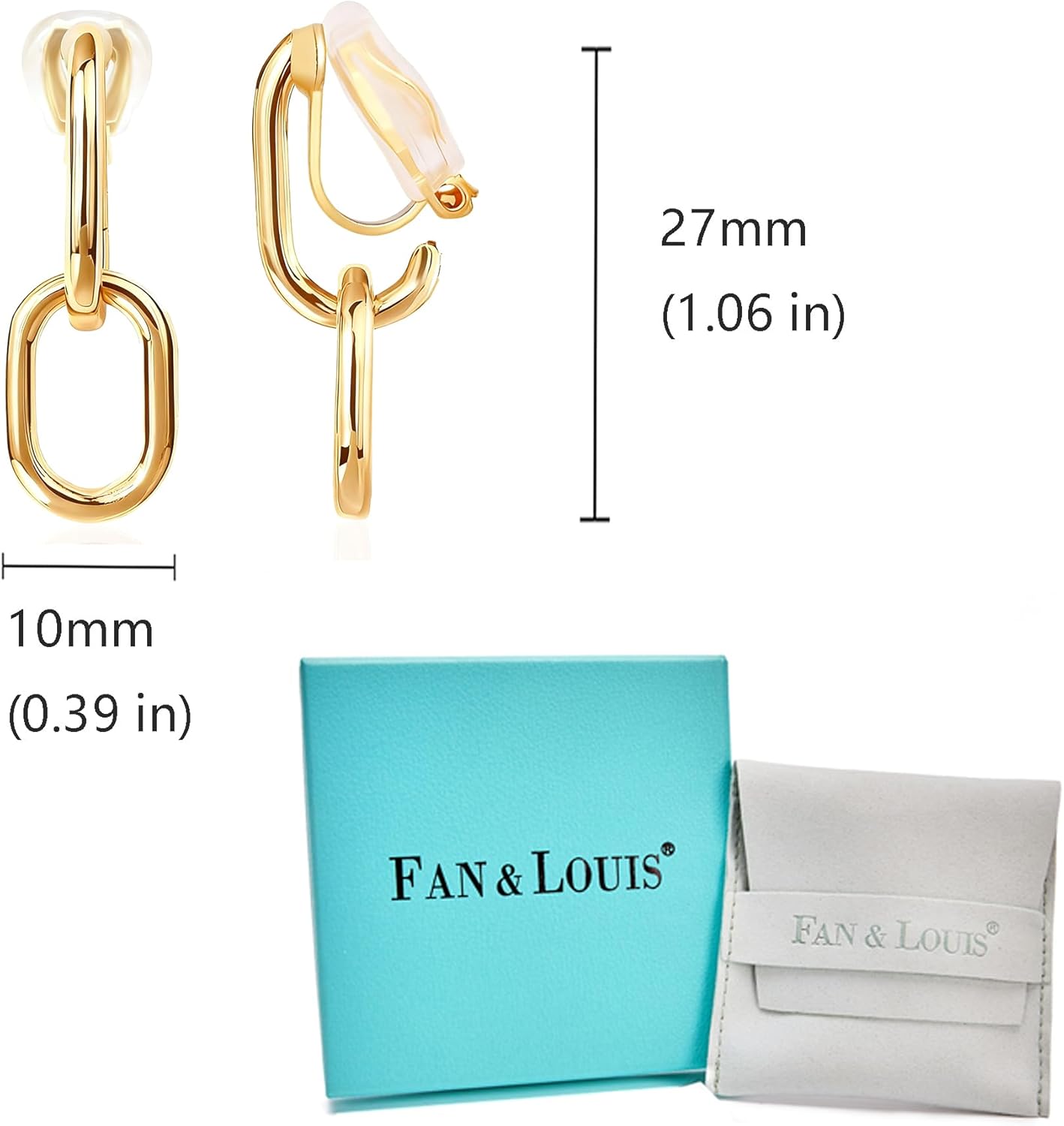 FAN&LOUIS 24K Gold Plated Clip On Earrings for Women, Gold Chain Link Drop Dangle Double Hoops Hypoallergenic Trendy Lightweight Clip-On Earrings for Non-Pierced Ears - Image 8