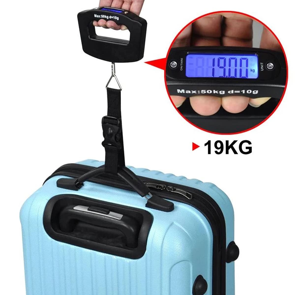 Paquete de 3 básculas de equipaje, báscula de peso de maleta de 50 kg con retroiluminación de pantalla LCD, hebilla portátil, báscula de pesca digital para viajeros y pesaje de peces (batería no