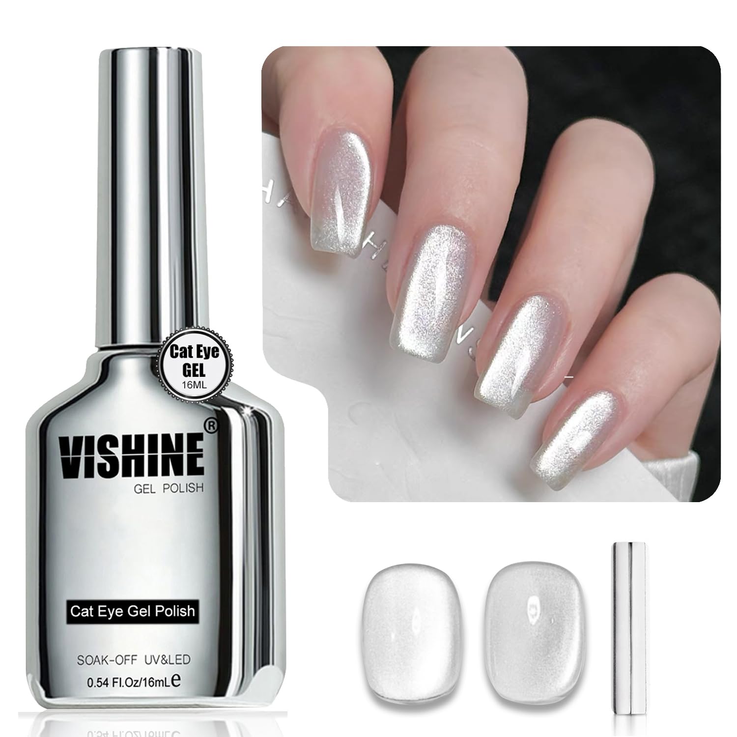 Vishine Vernis Gel Effet Œil de Chat – 16ml Gel Magnétique Holographique Pailleté, Gel UV Réfléchissant Translucide pour Nail Art, Poussière d’Argent (H003)
