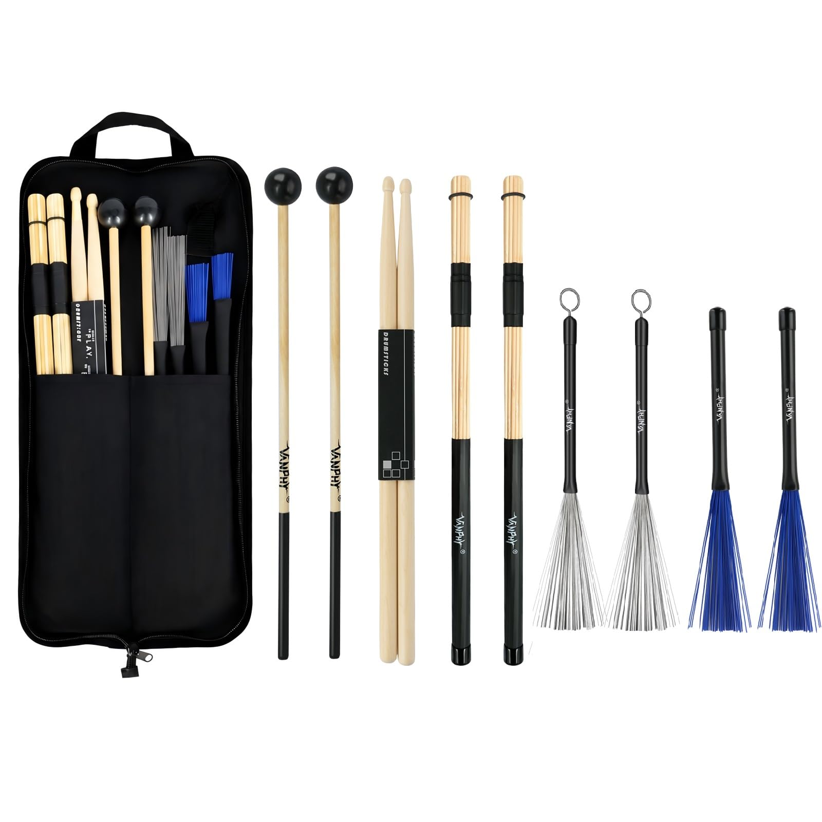 Il set include 5 paia di bacchette per batteria, set di pennelli con custodia portatile, accessori per strumenti a percussione, per esercitazioni di batteristi acustici, rock band, studenti