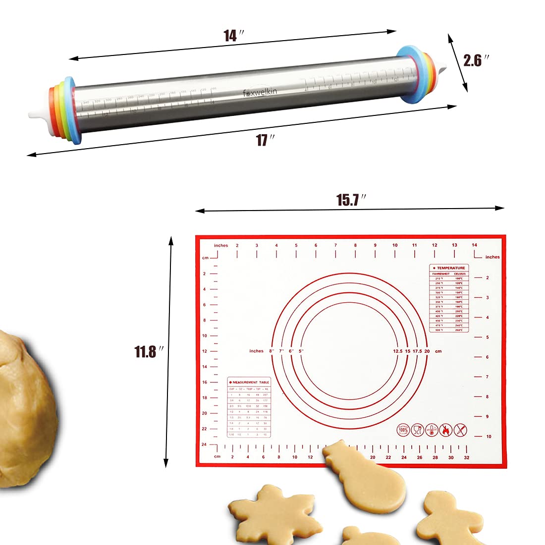 Edelstahl Nudelholz, verstellbar herausnehmbarer Ringe [ Silikon Backmatte als Bonus] für Backen Bakery Cookies Chapati-Fondant Teig Gebäck Pizza Pie â€“ Metall Nudelholz, verstellbar von funwhale