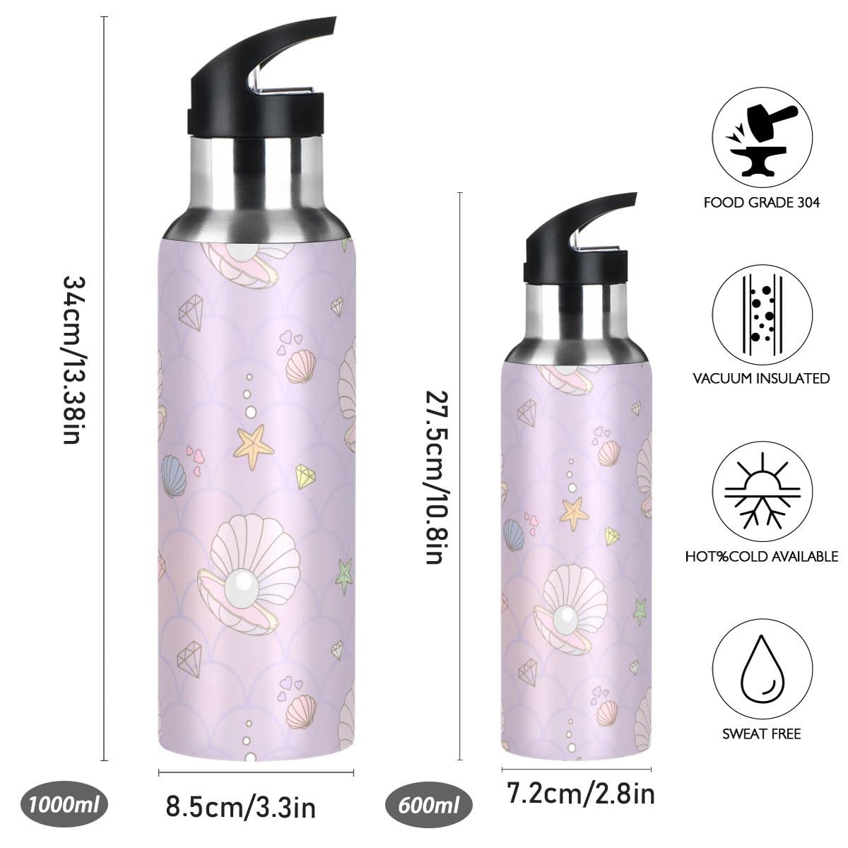 Edelstahl-Wasserflasche mit Strohhalm, schöne Perlen und Meerjungfrauen, isolierte Trinkflasche, Sport-Wasserflasche für Kinder und Erwachsene, auslaufsicher, 1 l