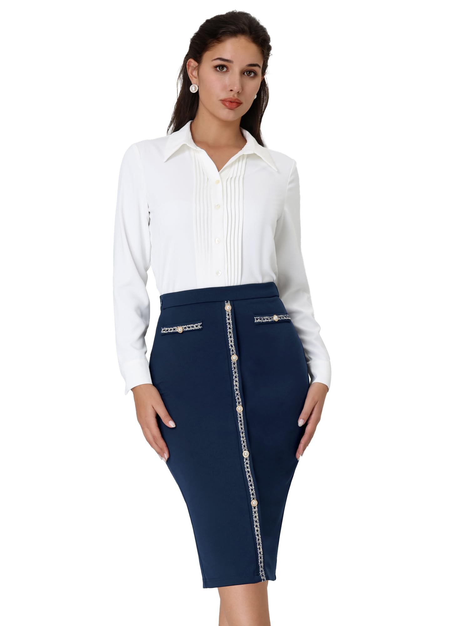 Hobemty Women's Pencil Skirt High Waist Tweed Trim Stretchy Office Work Bodycon Midi Skirts