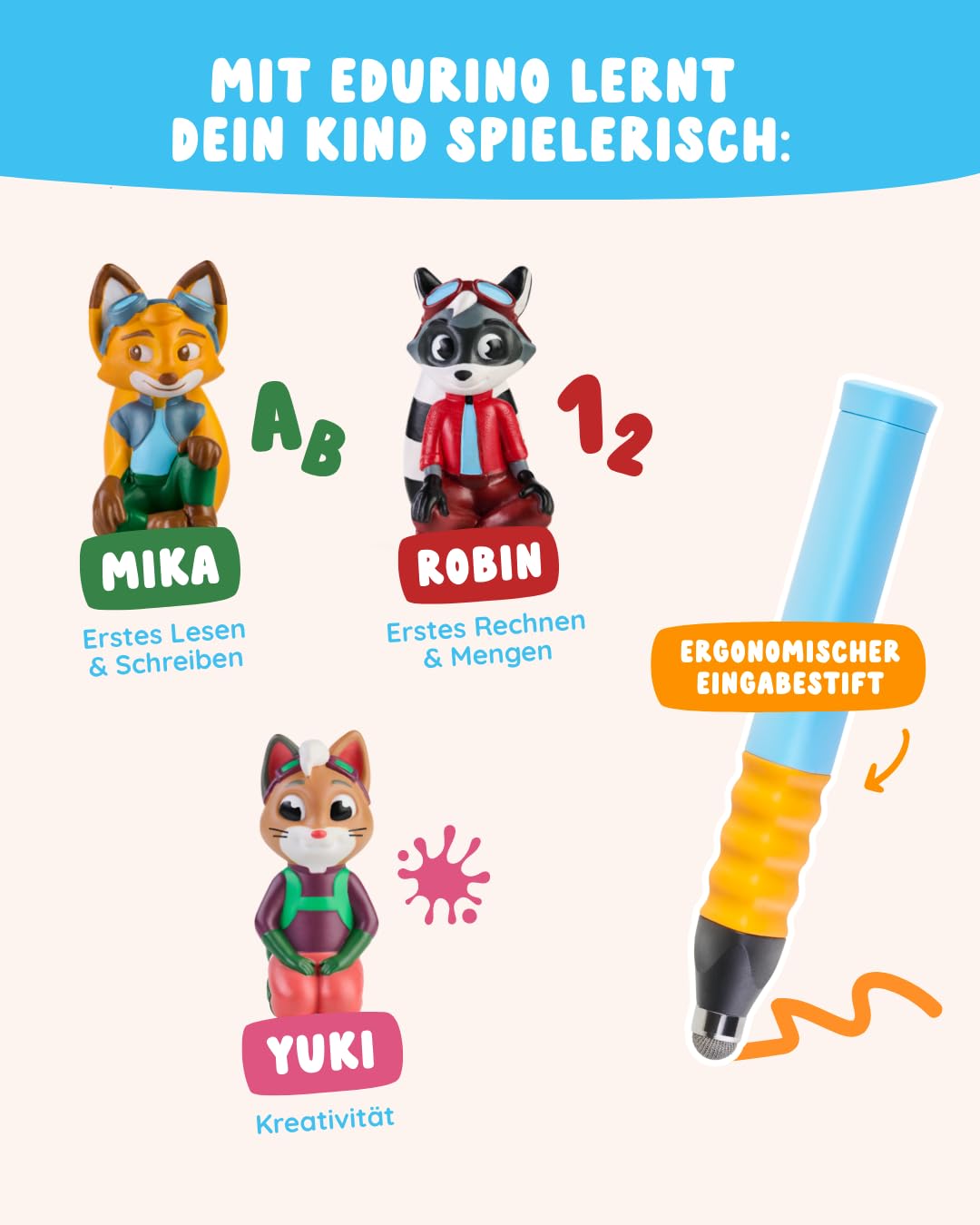 Edurino 3-in-1 Starterset 3 Lernspiele ab 4 Jahren Digitales Lernspiel mit Mika Erstes Lesen & Schreiben, Robin Erste Zahlen & Mengen, Yuki Kreativität inkl. Stift