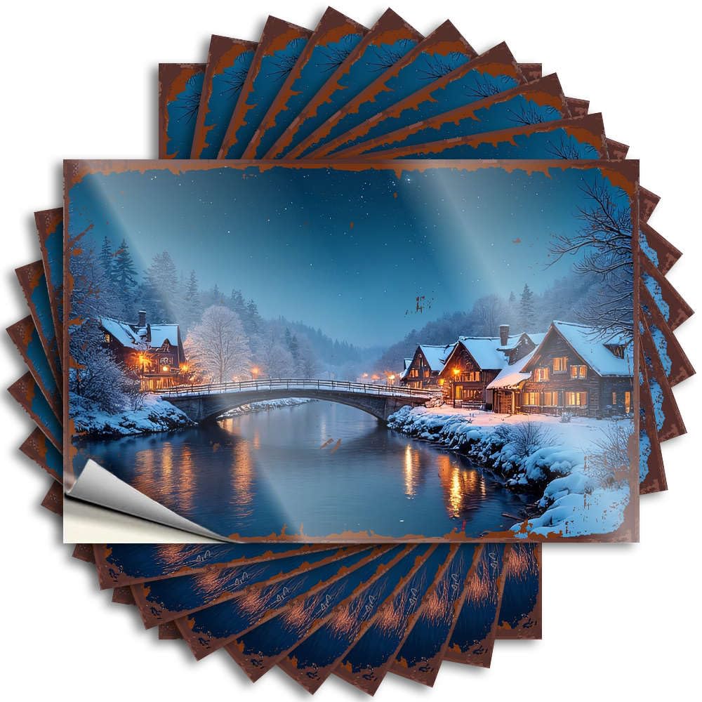Plastic, Saying Wall Snowy Village with Bridge Over River At Night. | Interior Play Room Decorations(12X18CM)