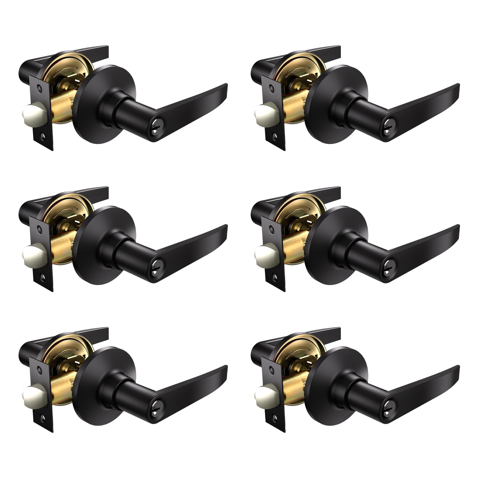 VICMEON Keyed Entry Door Lock, Entrance Lever Door Handle, Entrance Door Lever with Keys for Exterior/Interior Doors, Reversible for Right and Left Side, Matte Black, 6 Pack