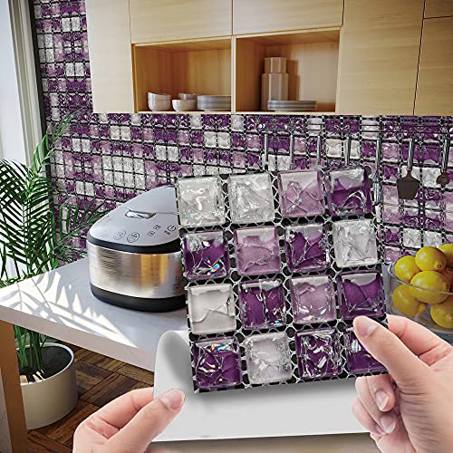 30 Pièces Stickers Muraux Autocollants pour Carrelage en Céramique et Marbre, Salle de Bains et Cuisine Sticker, Hiser 3D Mosaïque Imperméables Auto-adhésifs Décoration 10x10cm (Violet)