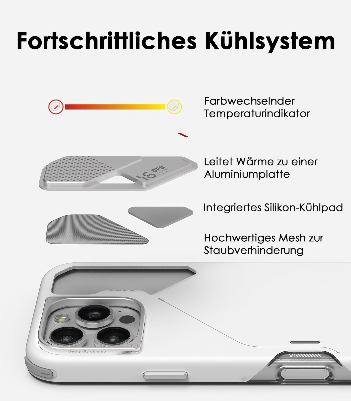 Aulumu A16 stoßfeste Schutzhülle für iPhone 16 Pro Max, aktualisierte Kamerasteuerung, echte Kühlung, Kamerarahmen aus Aluminiumlegierung, mehrschichtiger Verbundschutz, Weiß