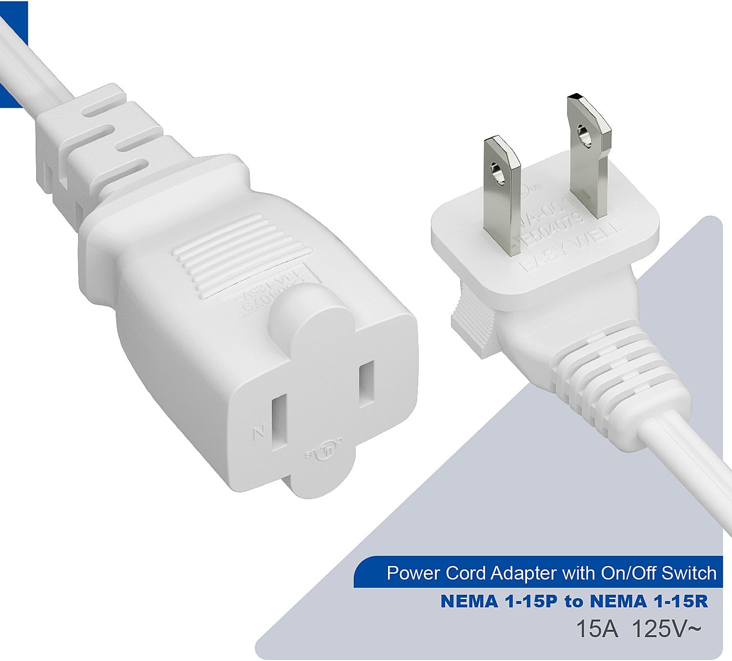 [6-Feet] On Off Switch Extension Cord, Right Angle 2-Prong Polarized Extension Cord with On-Off Inline Switch 12A 125V for Your Chargers/Lamp/Power Adapters etc, 16AWG Cord White Collor
