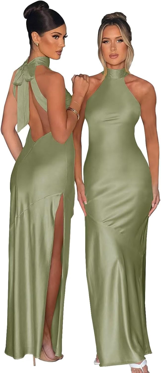 Cudiew Halter Satin Bridesmaid Dresses Long Formal Wedding Guest Dress for Women Open Back Cocktail Gown with Slit