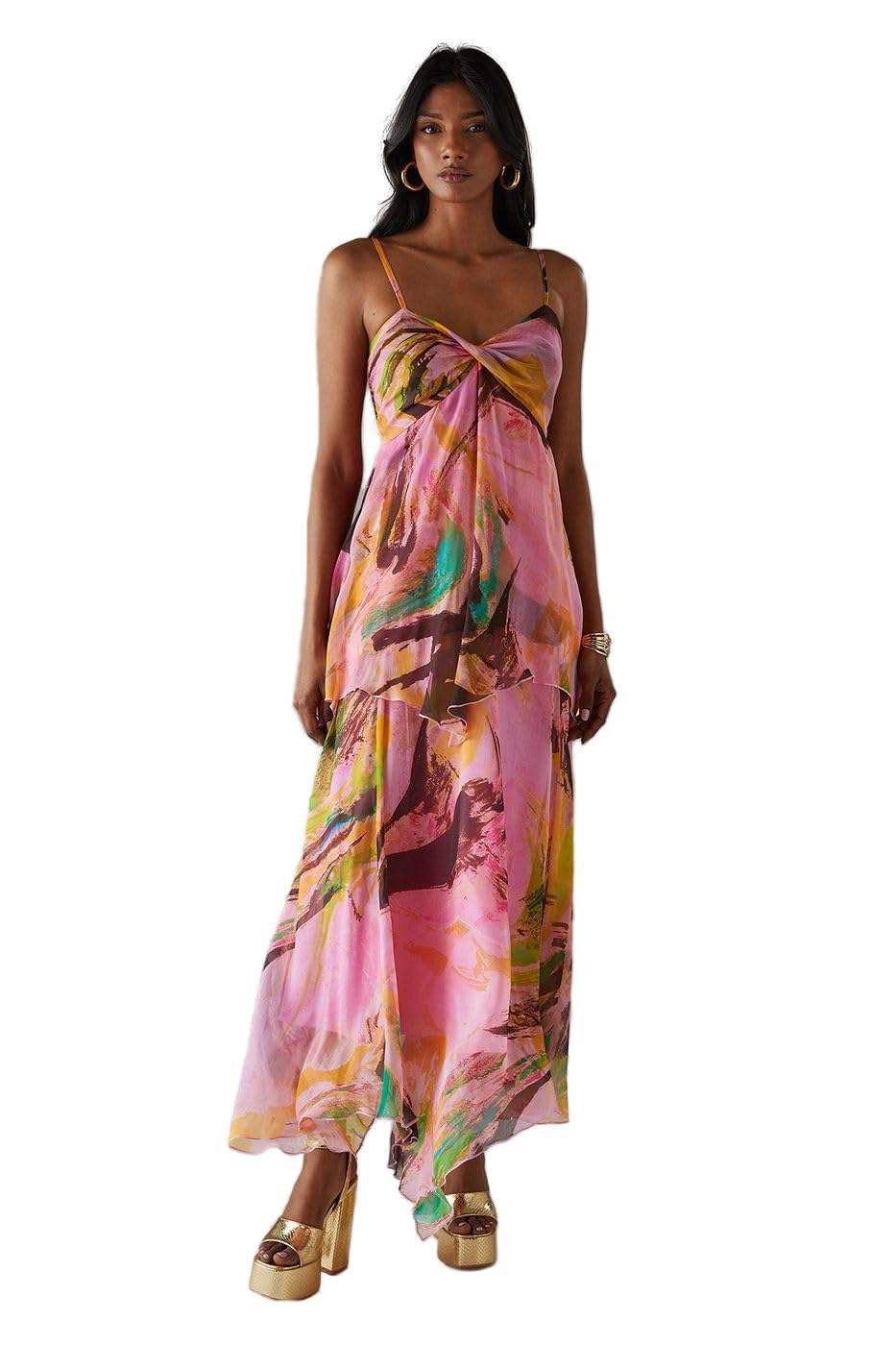 WAREHOUSE Chiffon Asymmetric Double Layer Bandeau Maxi Dress, 14, Multi