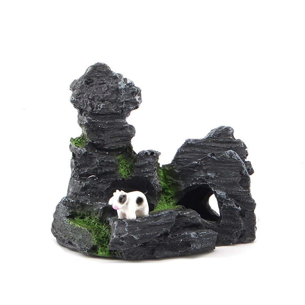 Uteruik Fish Aquarium Resin Rockery Decor Fish Tank Cave Ornament With Miniature Cow Landscaping Decoration