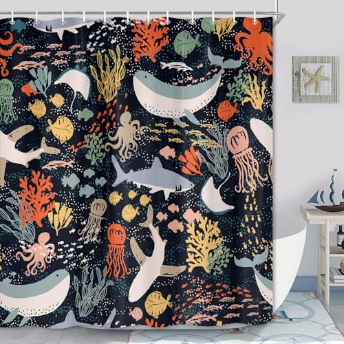 Lacoiime Kids Shark Shower Curtain Ocean Fish Shower Curtain Black Boho Abstract Underwater Animal Cartoon Bathroom Curtain with Colorful Fabric Shower Curtains for Bathtub Decor (69 X 70 inch)