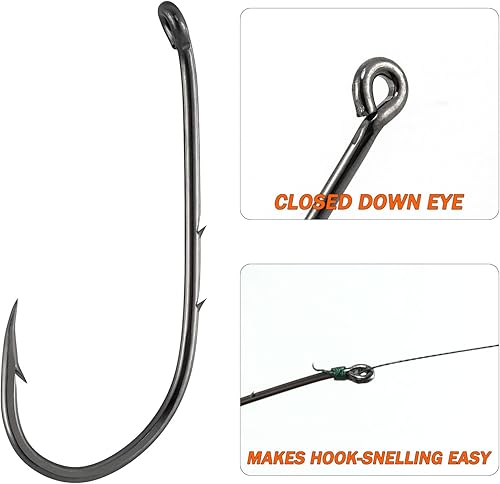 Miniatura 3 de Dr.Fish Paquete de 100 anzuelos de pesca con soporte de cebo, gancho de cebo vivo, acero de alto carbono, negro, níquel, hacia abajo, ojo torneado,