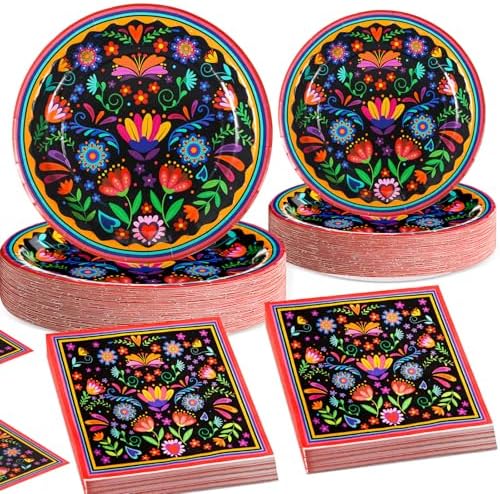180 Pcs Mexican Party Decorations Serve 60 Guest 7'' and 9'' Disposable Paper Plates and Napkins Mexican Party Supplies Tableware Set Flower Dish for Holiday Birthday