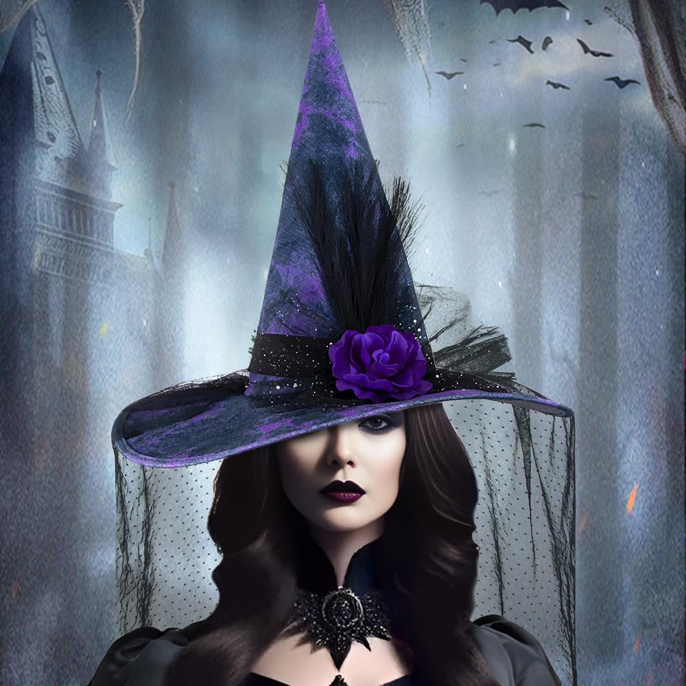 Halloween Party Witch Hats Veil Flower Dress Up Accessories Gothic Cosplay for Adult Women Decoration Supplies