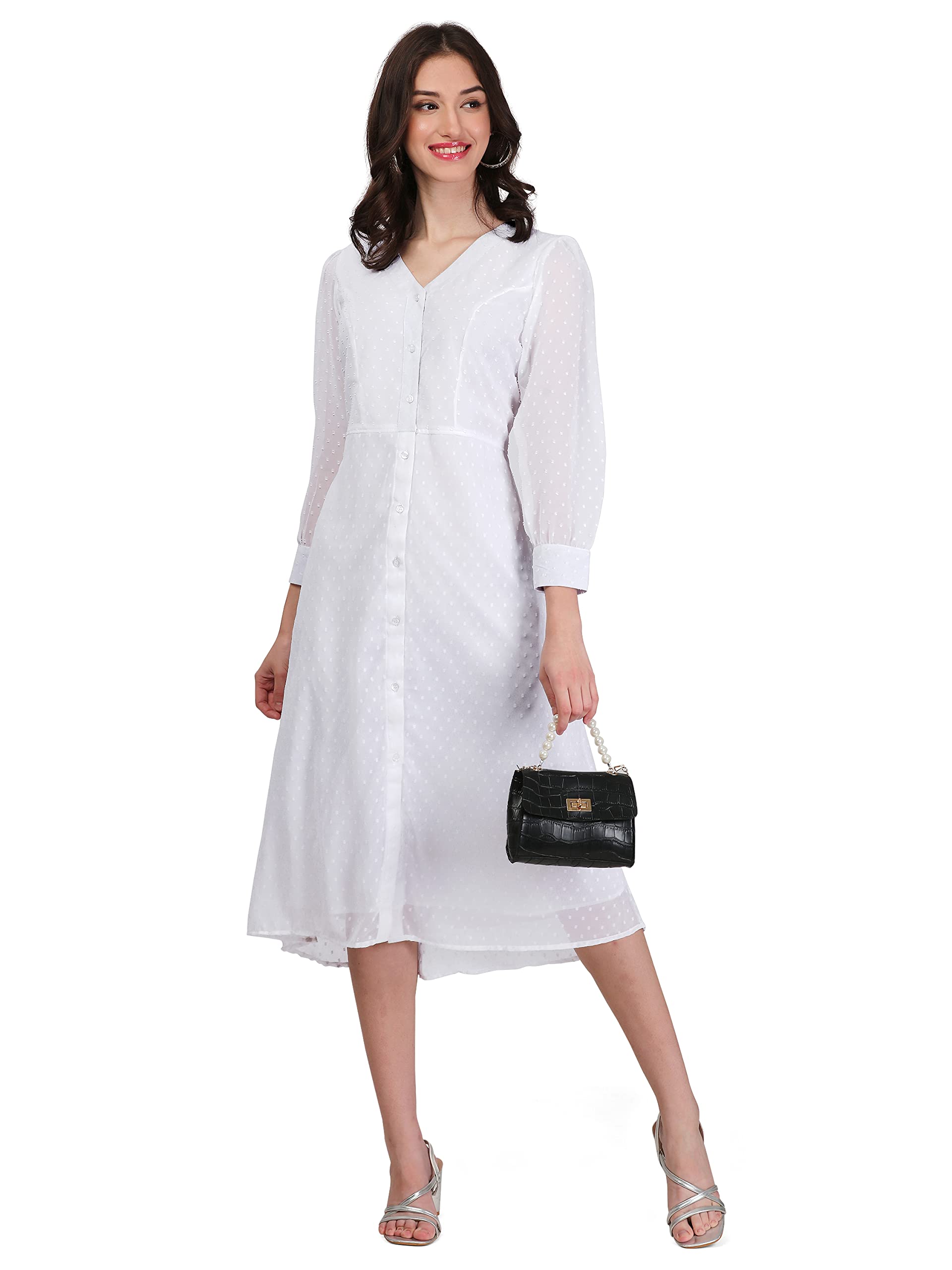 Pujia Mills Women Casual V-Neck Dress White