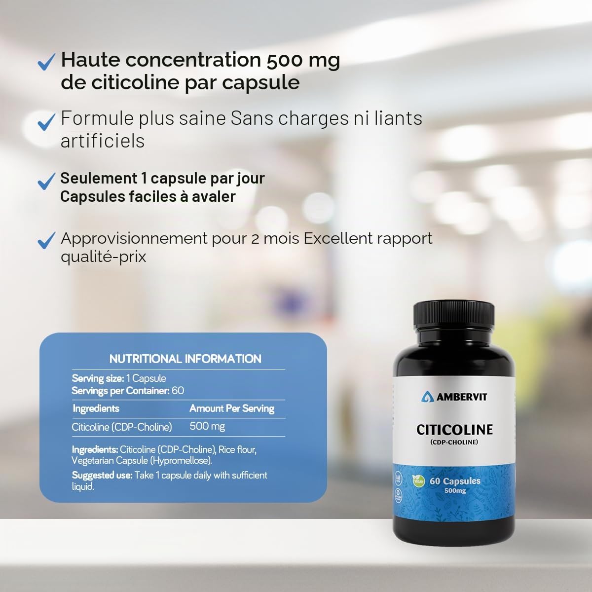 Citicoline CDP Choline 500mg - 60 Capsules - Dosage élevé pour la mémoire, la concentration et le soutien mental - Sans additifs indésirables - 2 mois d'approvisionnement | Ambervit