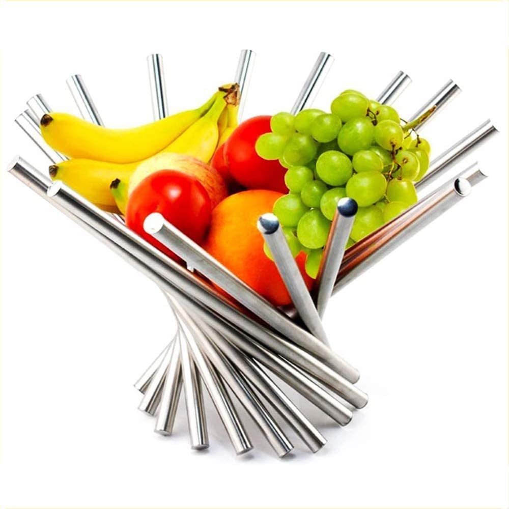 St@llion Silver Collapsible Modern Stainless Steel Fruit Rotation Bowl Creative Decorative Fruit Bowl with Unique Design Kitchen Fruit Stand for Orange Banana Apple Grapes